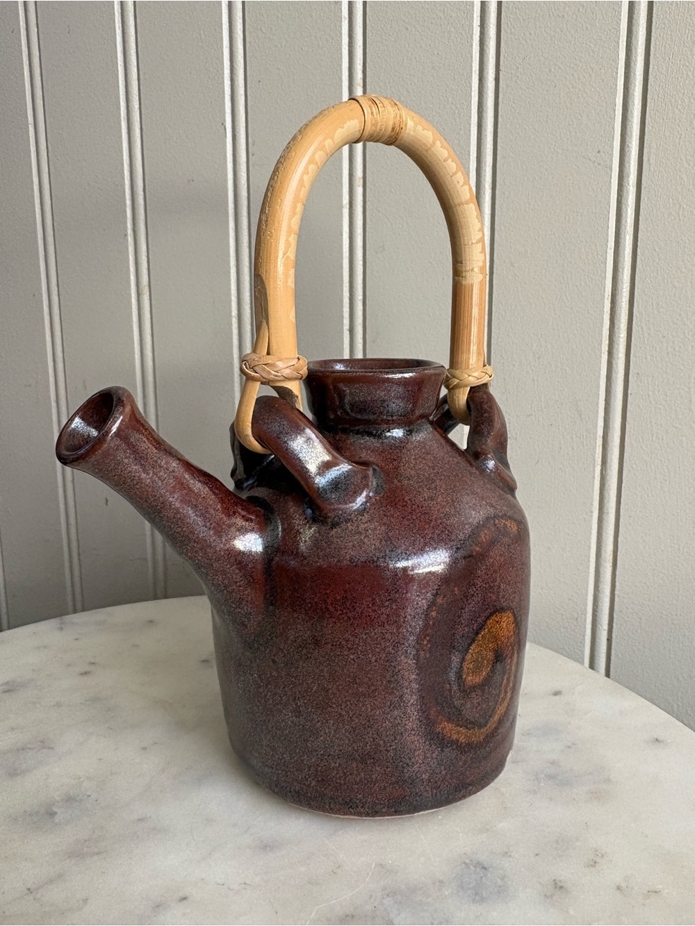 Vintage Kris Mentro Ceramic Stoneware Mini Teapot w/Bamboo Handle Circa 2002 VTG